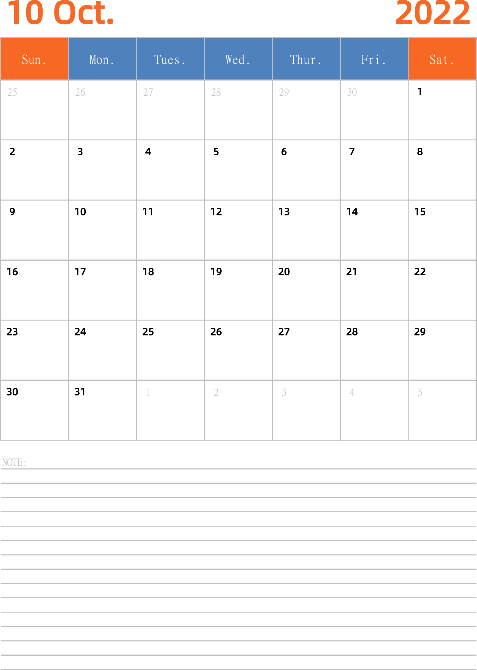 日历表2022年日历 英文版 纵向排版 周日开始